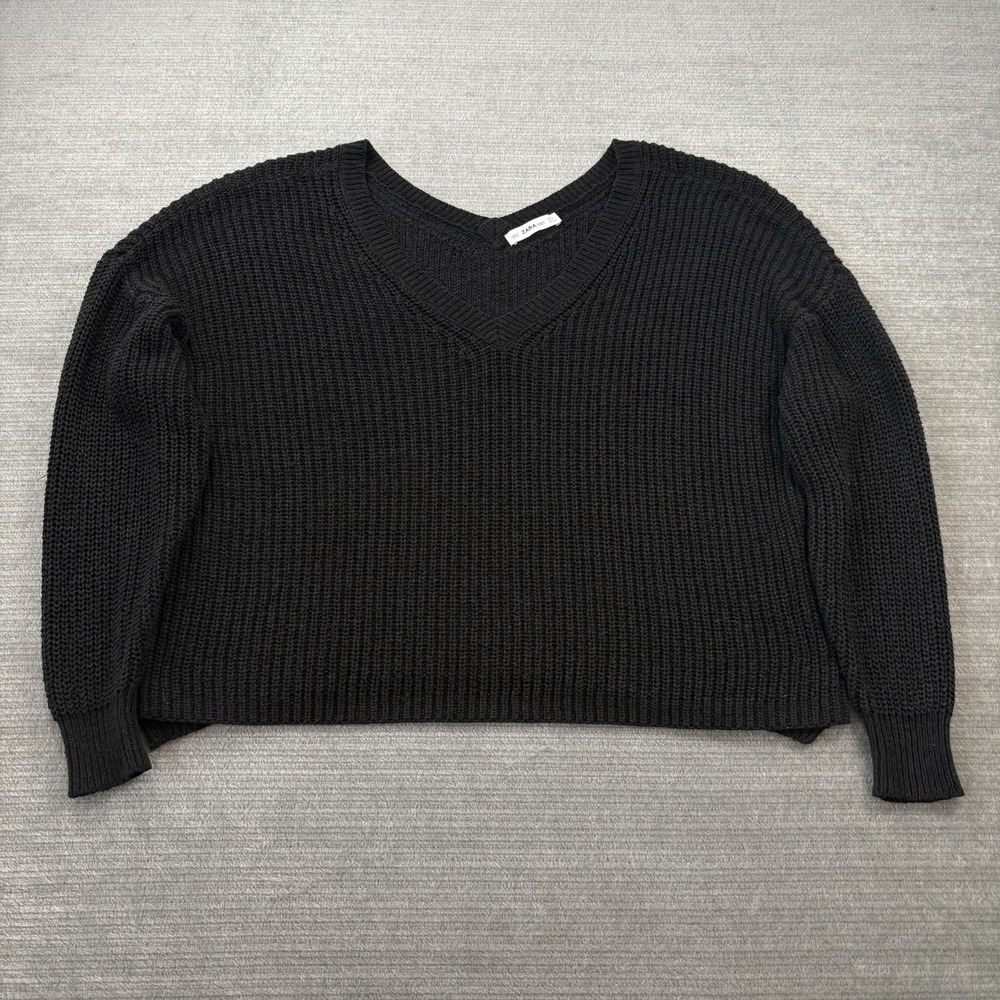 Zara Knit Sweater Womens Small Black Ribbed Knit Stretch Casual  Relaxed Fit
